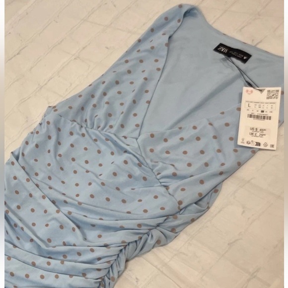 ZARA Blue Polka Dot Mini Dress Ruched V Neck Women’s Size Large NEW - Picture 6 of 14